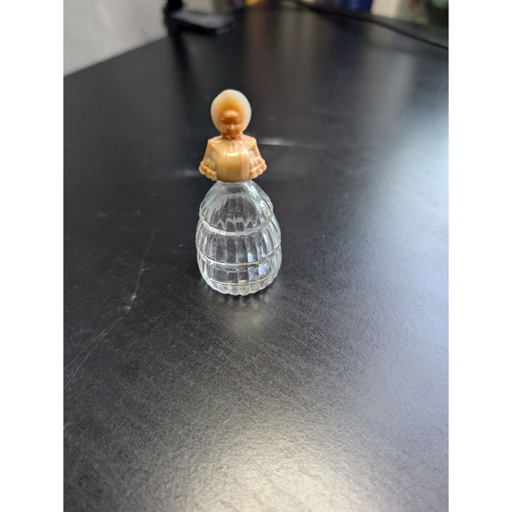 VTG Novelty Miniature Figural Perfume Bottle Colonial Lady Bonnet  Skirt 2 1/2"